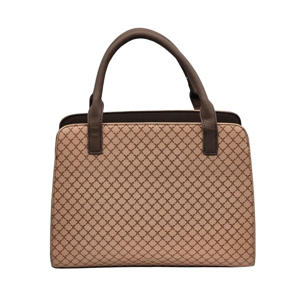 Crossi Brown Tan Geometric Lattice Satchel Double‎ Compartment Crossbody Bag